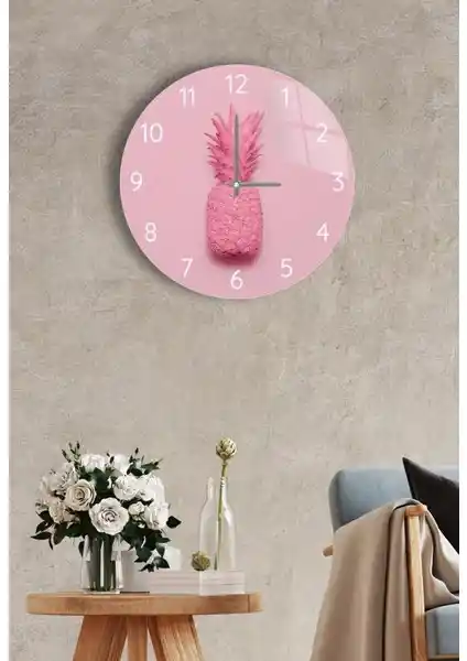 Saban Duvar Saati Pembe Ananas Tasarımı Cam Gövde Sessiz Mekanizma