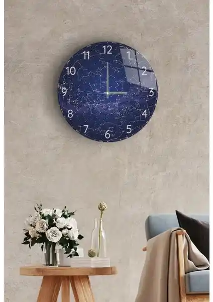 Saban Gökyüzü Haritası Temalı Cam Duvar Saati 27 cm Çapında Modern ve Şık Tasarım