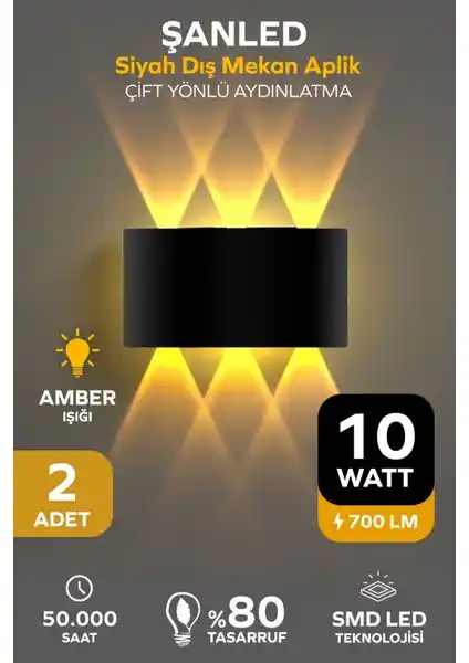 ŞANLED Dekoratif 10W Çift Yönlü İç-Dış Mekan Siyah Kasa Amber Renkli Aydınlatma Ünitesi