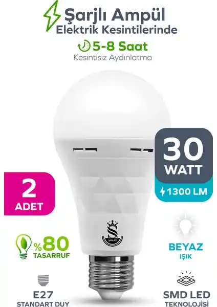ŞANLED Şarjlı Akülü 30W Beyaz Işık LED Ampul: Enerji Verimli ve Dayanıklı Aydınlatma Çözümü