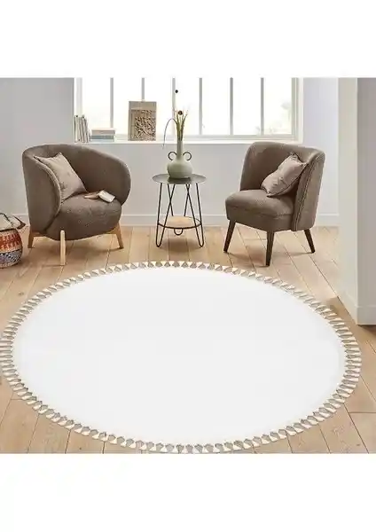 Saraz Halı Comfort Puffy Beyaz Yuvarlak Halı Modern ve Dayanıklı Dekorasyon Unsuru