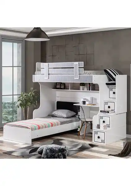 Setay Çizgi Ranza Karyola ve Çalışma Masası Modern ve Dayanıklı Yatak Odası Takımı