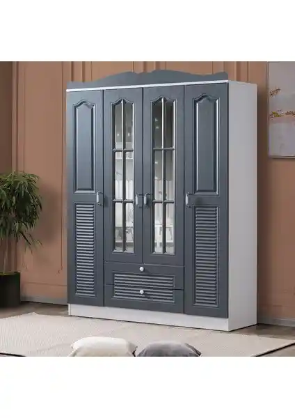 Setay MDF Gardırop Country Kuzey 4 Kapaklı 2 Çekmeceli Aynalı Antrasit Dolap