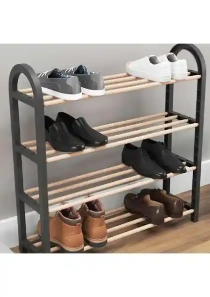 Sinbo Siyah Ahşap Çubuklu 4 Katlı Masif Ayakkabılık: Şık ve Fonksiyonel Depolama Çözümü