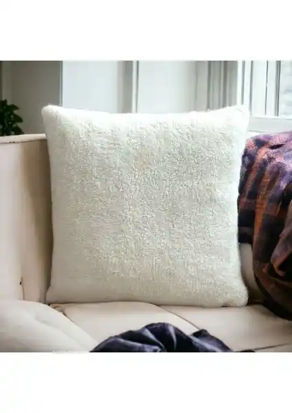 Sk Home Çift Taraflı Peluş Kırlent Kılıfı 43x43 cm Ekru Renk Modern Dekoratif Tasarım