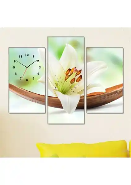 Tabloshop Acacia Bowl Lily 3 Parçalı Canvas Tablo ve Saat Modern Dekorasyon İçin