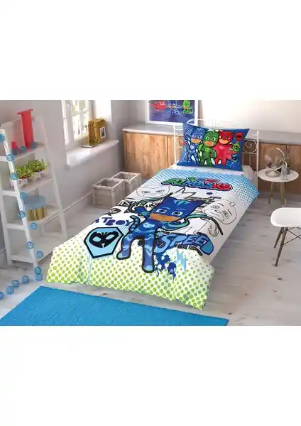 Taç Lisanslı Pj Masks Temalı Tek Kişilik Nevresim Takımı Yüksek Kalite ve Canlı Renkler ile