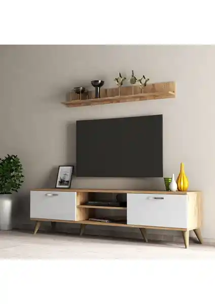 Tanmob Mega 180'li L Raflı TV Ünitesi Çam Beyaz Modern Oturma Odası Dekoru