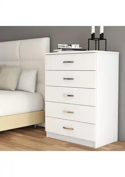 Tanmob SFY0201 Beyaz 5 Çekmeceli Modern Şifonyer Yatak Odası ve Oturma Odası İçin