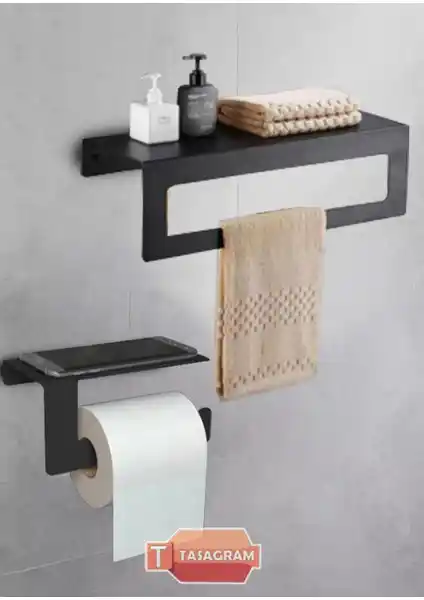 Tasagram Siyah Metal Banyo Seti: Dayanıklı ve Şık Havlu ve Tuvalet Kağıdı Askılığı