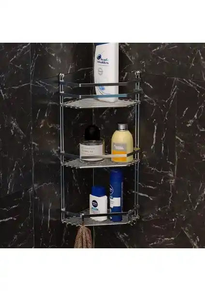 Tekno-tel 3 Katlı Krom Banyo Köşe Rafı Estetik ve Fonksiyonellik Sunar