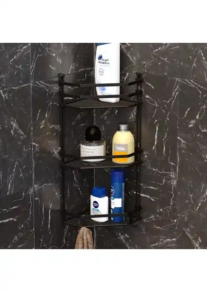 Tekno-tel Üç Katlı Kancalı Banyo Köşe Rafı Modern Tasarım ve Dayanıklılık