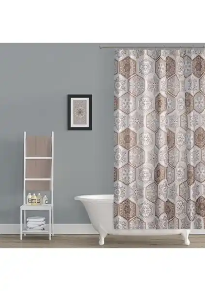 Tropik Home Kahverengi Şal Desenli Duş Perdesi: Estetik ve Fonksiyonel Banyo Dekorasyonu