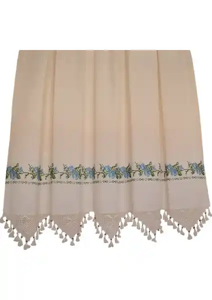 Tuncay Tekstil Mavi Kanaviçe El İşli Keten Güneşlik Perde Dekoratif Tasarım