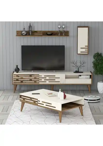 Valensiya Mobilya Serisi TV Ünitesi ve Orta Sehpa Takımı Ceviz ve Krem Renklerde