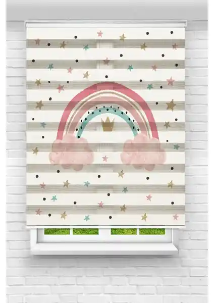 Vanilya Çocuk Odası İçin Renkli Gökkuşağı ve Yıldızlar Baskılı Zebra Perde