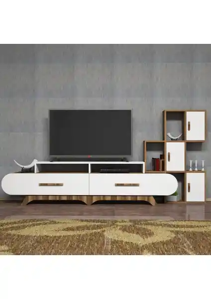 Variant Concept Flora Duvar Raflı TV Ünitesi Ceviz ve Beyaz Renk Seçenekleriyle Modern Dekorasyon