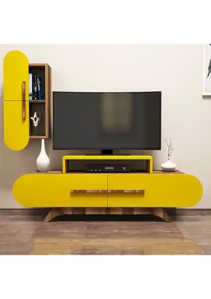 Variant Concept Rose Duvar Raflı TV Ünitesi Ceviz ve Sarı Renk Seçenekleriyle Modern Tasarım