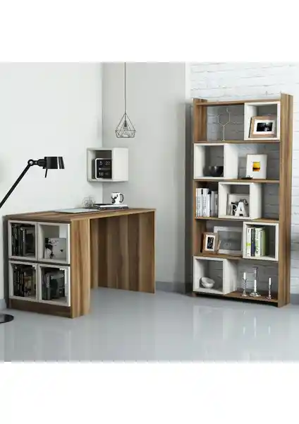 Variant Mobilya Box Çalışma Masası ve Kitaplık Takımı Ceviz ve Krem Renk Seçenekleriyle Şık ve Fonksiyonel Tasarım