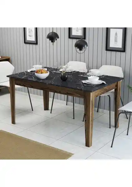Variant Mobilya Variant Milan Ceviz ve Siyah Mermer Yemek Masası Geniş ve Şık Tasarım