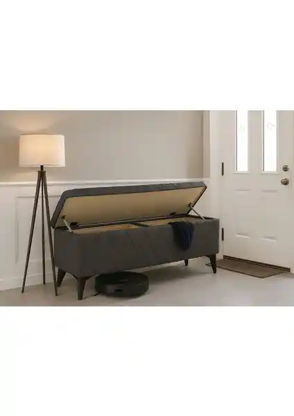 Vavonni 140 cm Gri Nervür Dikişli Amortisör Kapaklı Sandık Modern Depolama Çözümü