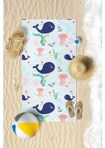 Vevien Home Sevimli Balina Dijital Baskılı Çocuk Plaj Havlusu Renkli ve Pratik Tasarım