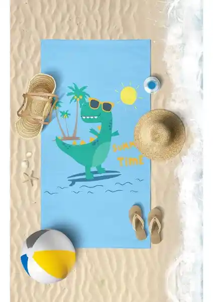 Vevien Home Surf Dino 2 Dijital Baskılı Çocuk Plaj Havlusu Pratik ve Renkli Tasarım