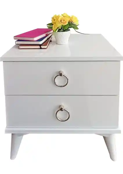 Viola Consept Komidin Beyaz ve Altın Detaylı Modern Tasarım 2 Çekmeceli Mobilya