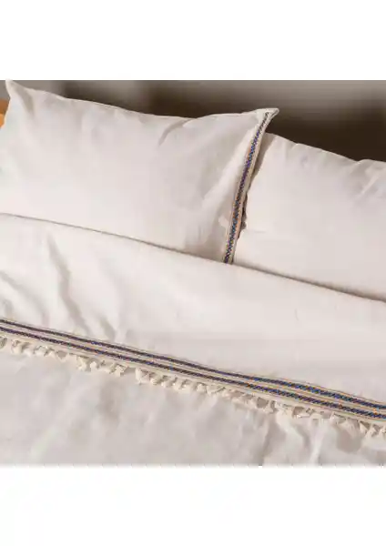 Vivamaison Keten Jüt Ponponlu Çift Kişilik Nevresim ve Yastık Seti Doğal ve Şık Tasarım