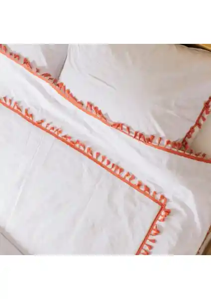 Vivamaison Kırmızı Ponponlu Organik Pamuk Çift Kişilik Nevresim ve Yastık Takımı