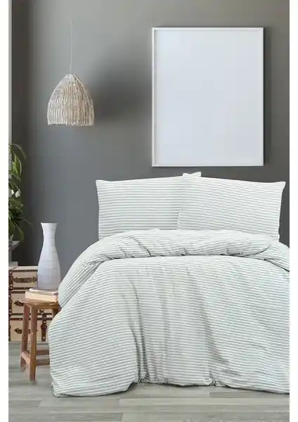 Vivamaison Organik Gri Keten Çizgili Çift Kişilik Nevresim ve Yastık Seti 75-90 karakter