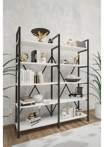 Wood House Ilayda Geniş Raflı Kitaplık Beyaz Modern ve Fonksiyonel Depolama Çözümü