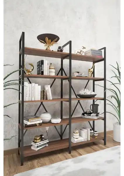 Wood House Ilayda Geniş Raflı Kitaplık Ceviz Rengi Modern ve Dayanıklı Tasarım