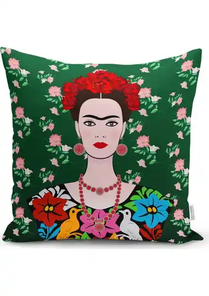 Yeşil Zeminde Frida Kahlo Motifli Özel Tasarım Yastık Kılıfı Ev Dekorasyonu İçin