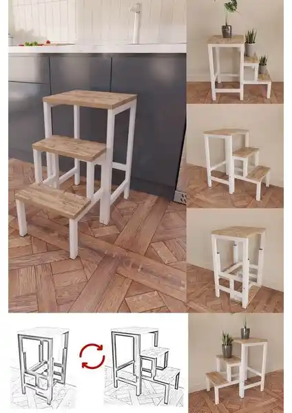 Yüceer Home Çok Amaçlı Katlanabilir Metal Ahşap Basamaklı Tabure ve Merdiven