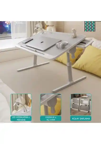 Yükseklik Ayarlı LED Aydınlatmalı Gri Laptop Sehpası Ofis ve Ev Kullanımı İçin