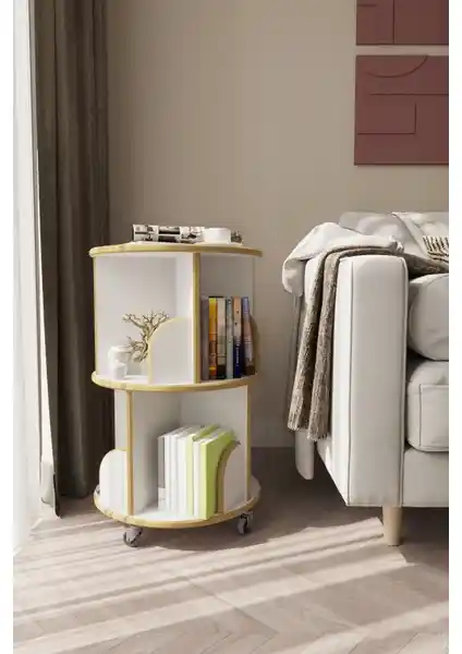 Zeo Wood Design 360° Döner Kitaplık Beyaz Modern ve Kullanışlı Depolama Çözümü