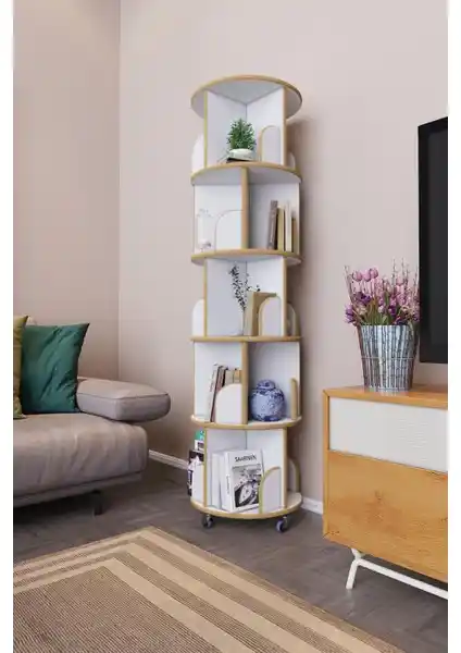 Zeo Wood Design 360° Döner Kitaplık Modern ve Fonksiyonel Depolama Çözümü