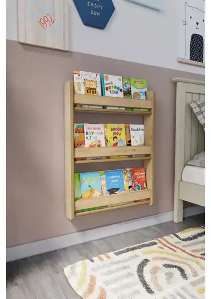 Zeo Wood Design Montessori 3 Raflı Çocuk Kitaplığı Güvenli ve Modern Tasarım