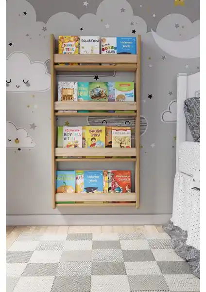 Zeo Wood Design Montessori 4 Raflı Çocuk Kitaplığı Güvenli ve Estetik Tasarım