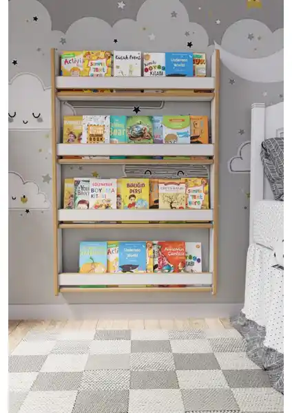 Zeo Wood Design Montessori 4 Raflı Çocuk Kitaplığı Güvenli ve Şık Tasarım