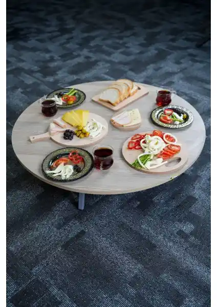 Zevahir Mobilya Yuvarlak Ahşap Desenli Metal Katlanır Yer Sofrası Kamp ve Bahçe İçin