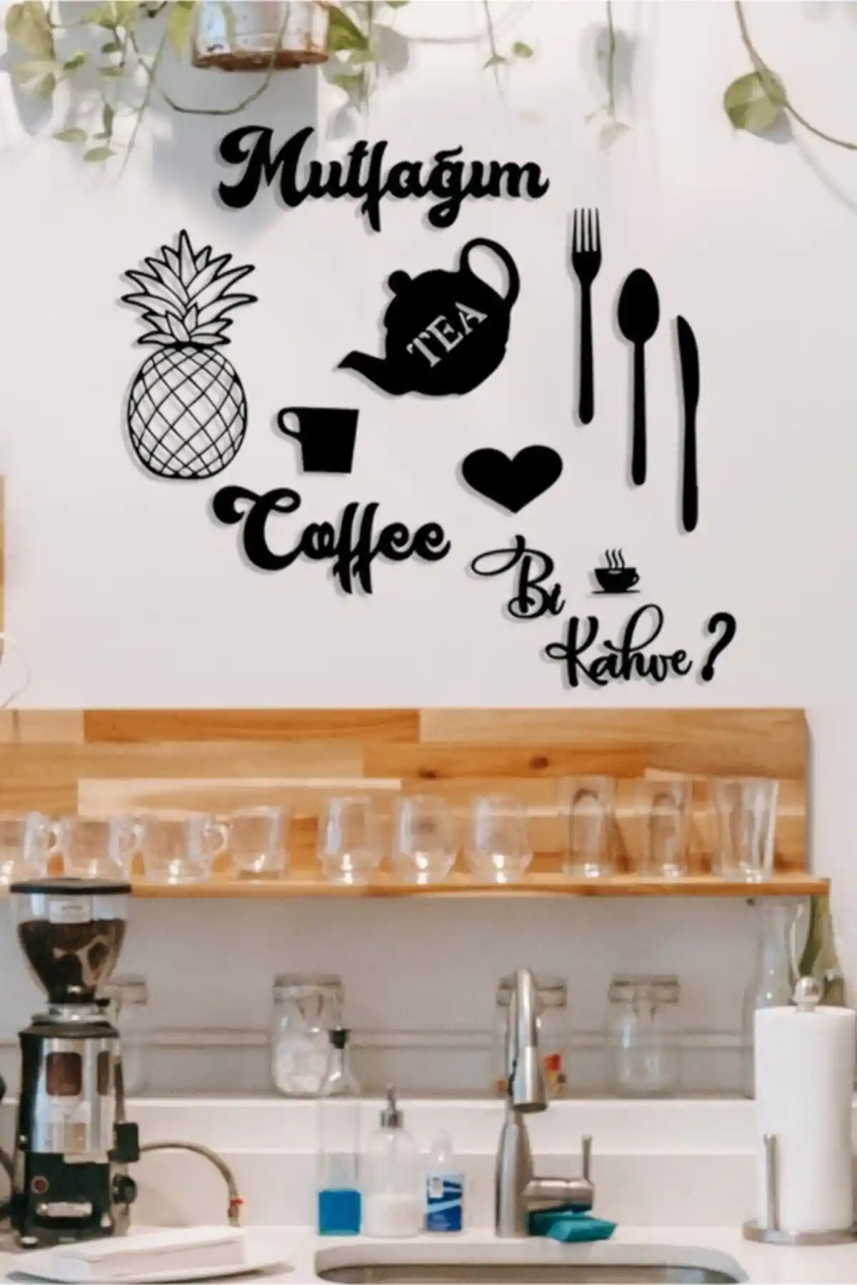 10k Dekor Ananas ve Kahve Temalı Ahşap Mutfak Duvar Dekoru 90x90 cm