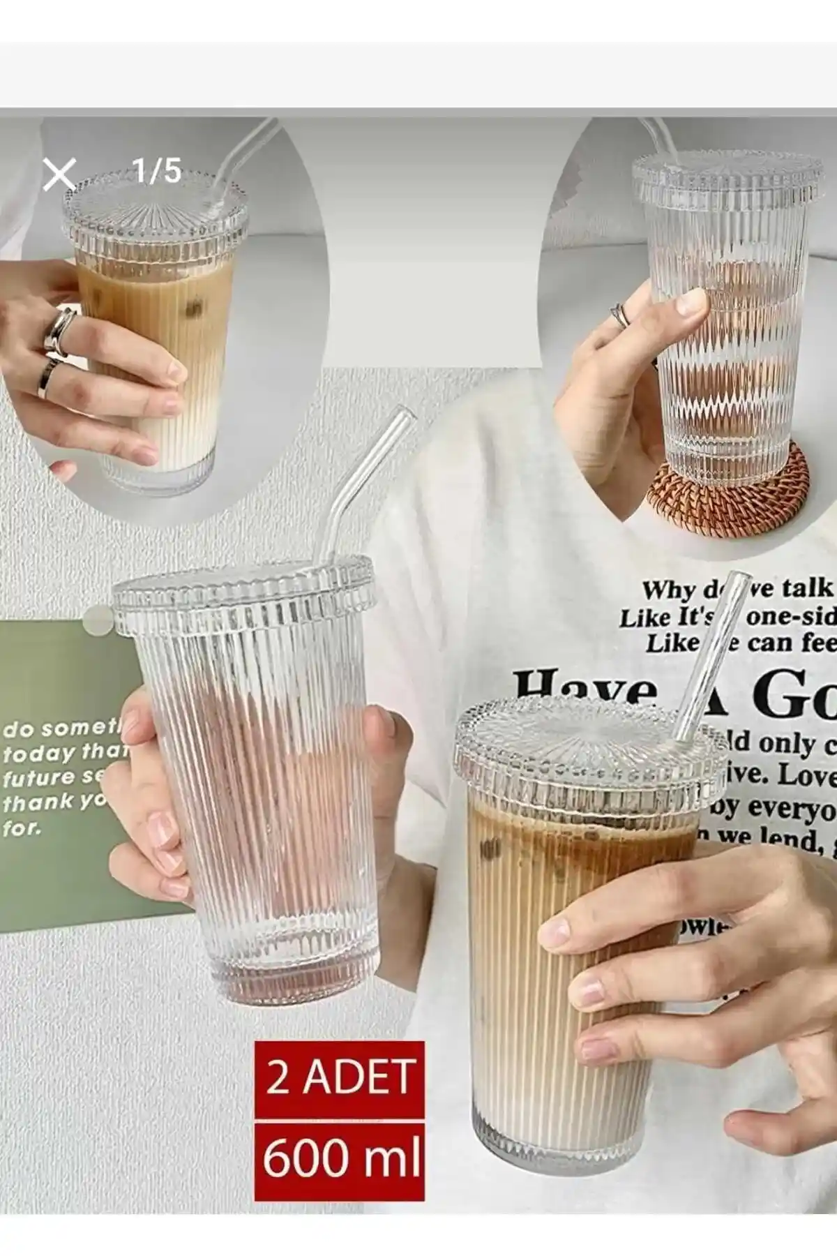 ALBAK Life 2'li 600 ml Isıya Dayanıklı Origami Desen Kapaklı ve Pipetli Bardaklar