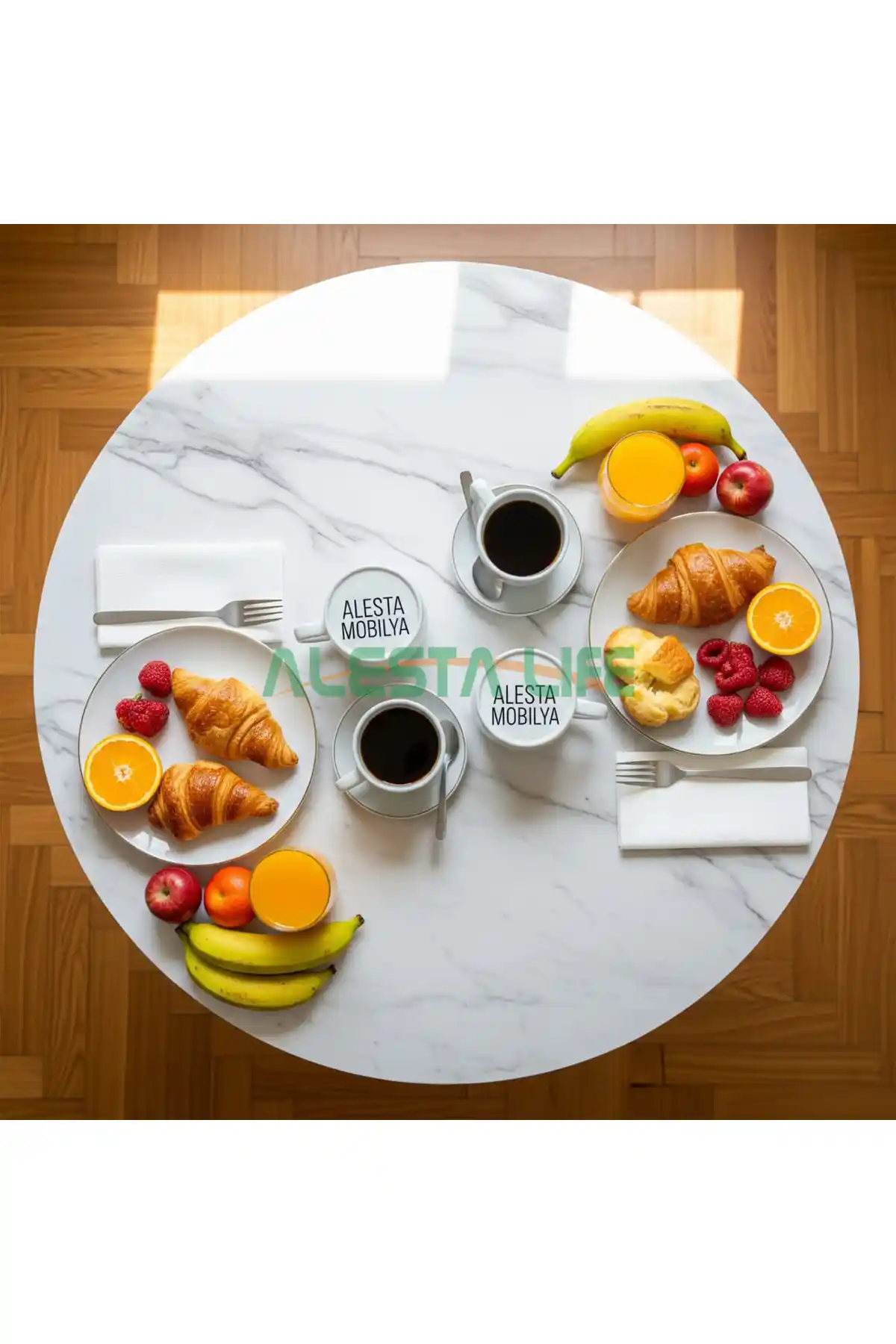 Alesta Life 70 Cm Çap Beyaz Desenli Katlanabilir Yer Sofrası Modern ve Şık Tasarım