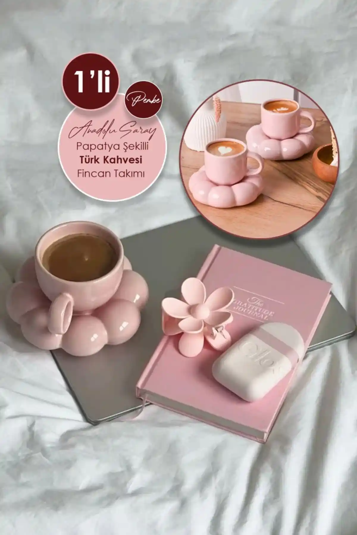 Anadolu Saray El Yapımı Seramik Pembe Papatya Modeli Türk Kahvesi Fincanı Seti