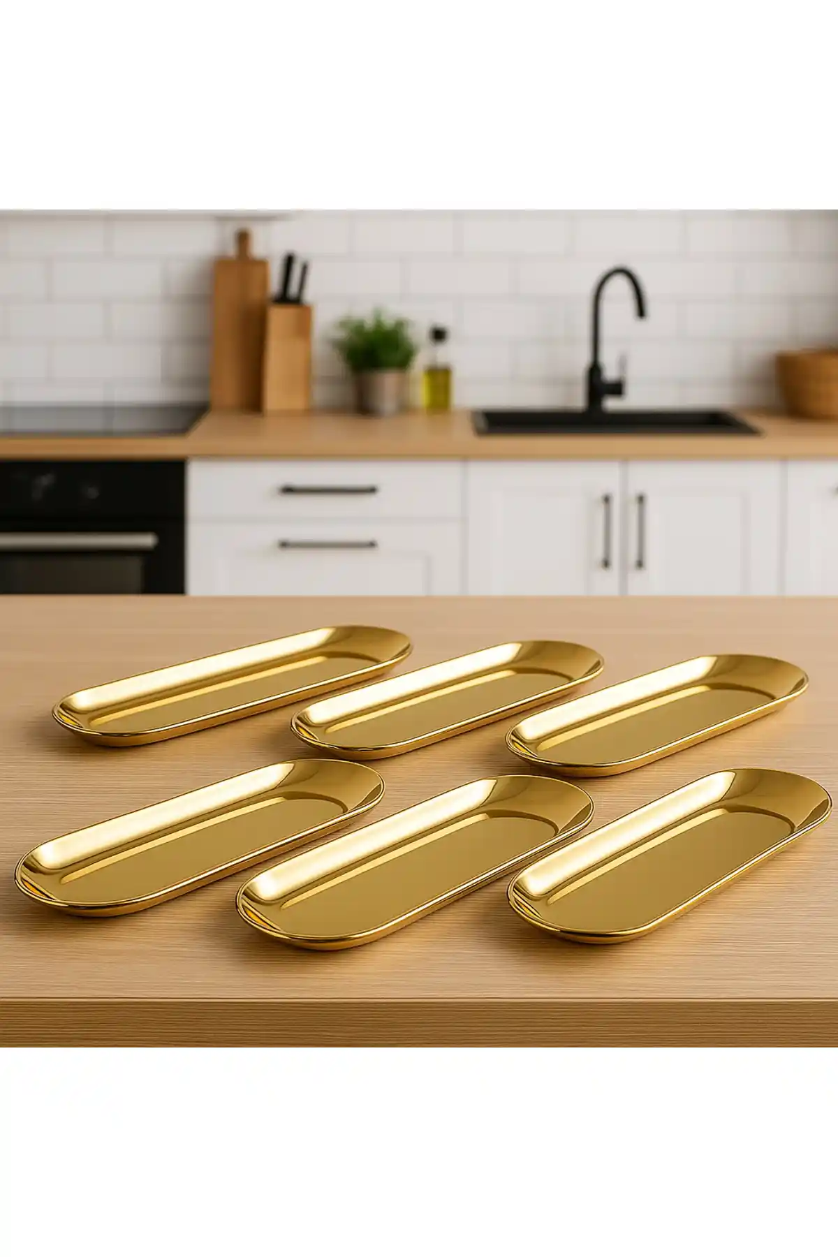 Aslı Hediyelik 6'lı Büyük 23 Cm Oval Gold Paslanmaz Çelik Çerezlik ve Mezelik Seti