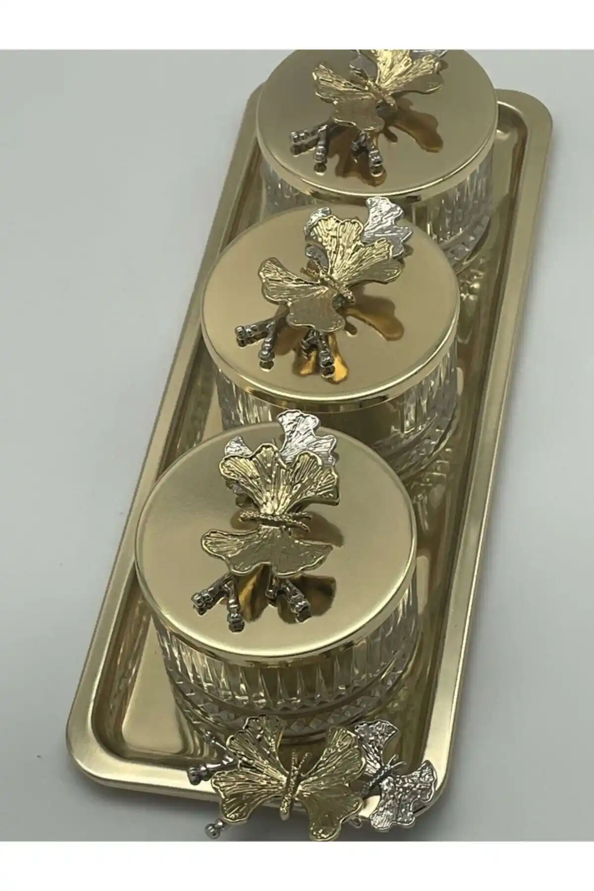 Aslı Hediyelik Elysia Gold 3'lü Cam Sunum Seti Modern Tasarım ve Dayanıklı Malzeme ile Şık Sunumlar