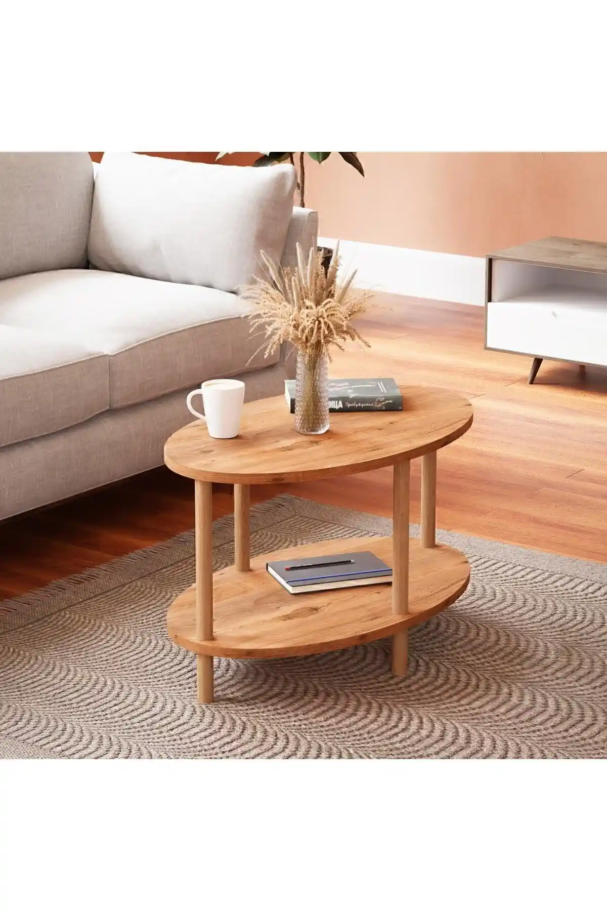 Atlantik Çam Oval Ahşap Ayaklı İki Katlı Sehpa Modern Tasarım ve Dayanıklılık
