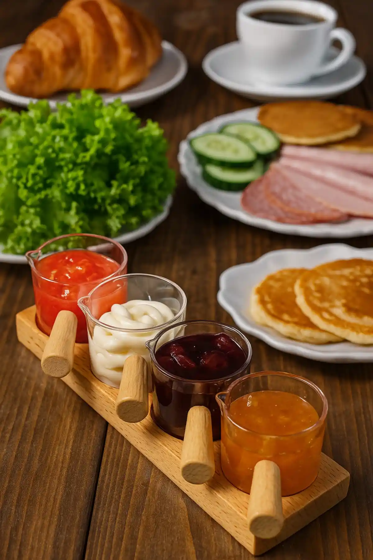 AzzaWood 4'lü Şeffaf Mikadan Reçellik Seti Doğal Kayın Ağacı Altlıklarıyla Şık ve Kullanışlı